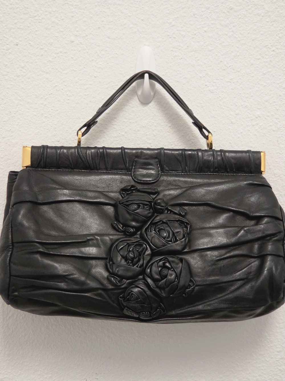 ​Valentino Black Leather Rose Applique Statement Bag with Additional Strap